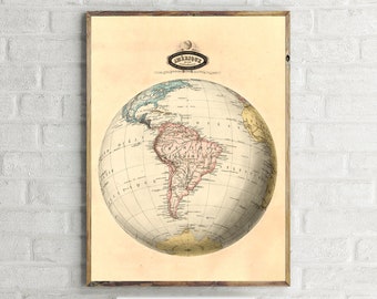 Amérique Unique Vintage Globe Map, Antique Travel Art Print, Retro