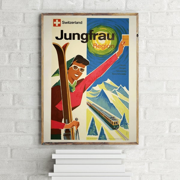 Zwitserland Jungfrau Regio Vintage Reizen Poster, Retro Wall Art Print