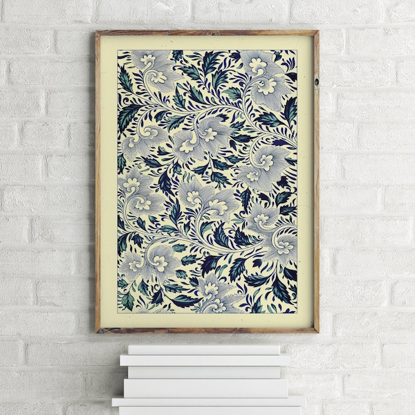 Traditional Chinese Blue and White Floral Pattern Vintage Poster, Retro Wall Art Print