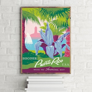 Discover Puerto Rico USA Vintage Poster, Retro Travel Art Print Design