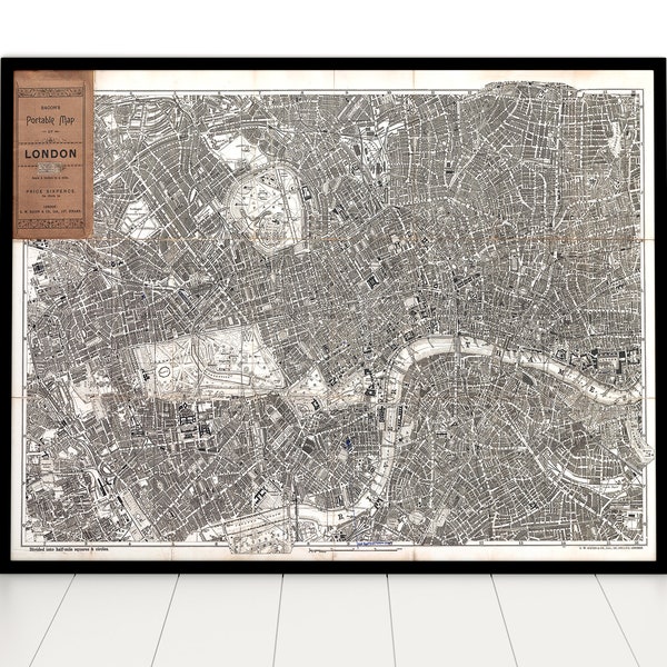 Old map of London, Bacon's Vintage map of London design from 1899, Home Decor and Wall art poster print, Housewarming Gift