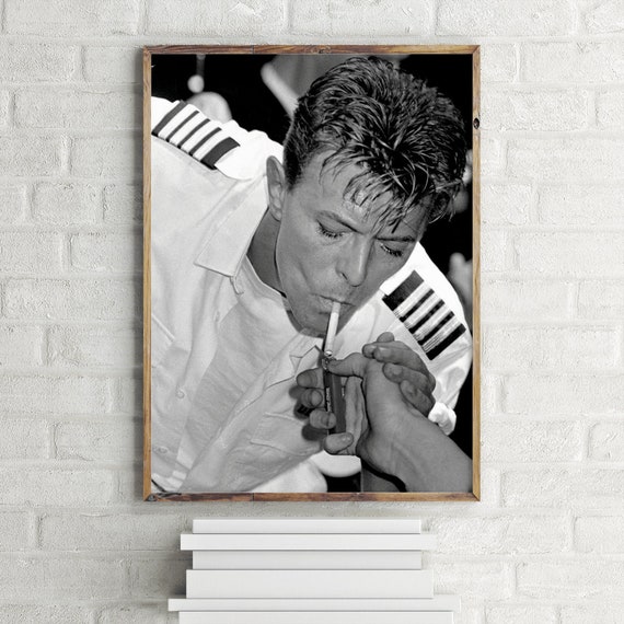 david bowie smoking a cigarette Lighting a Cigarette for David Bowie Black and White Poster, Wall Art Print