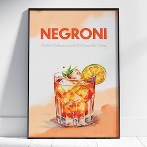 Negroni Cocktail Print - Arte clásico de recetas de bar vintage, póster retro, decoración de cocina, arte de pared vintage, regalo de inauguración de la casa, impresión de decoración del hogar