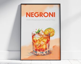 Negroni Cocktail Print - Classic Vintage Bar Recipe Art, Retro Poster, Kitchen Decor, Vintage wall art Housewarming Gift, Home Decor Print