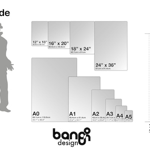 May include: Size guide for prints, showing different sizes in inches and centimeters, with two silhouettes of people for scale. The sizes are labeled A0, A1, A2, A3, A4, and A5. The text "bangi design" is at the bottom of the image.