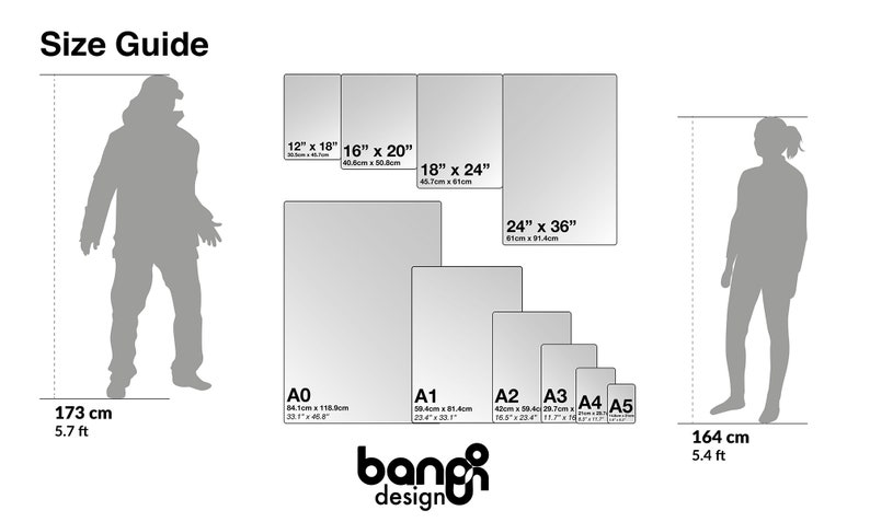 May include: Size guide for prints, showing different sizes in inches and centimeters, with two silhouettes of people for scale. The sizes are labeled A0, A1, A2, A3, A4, and A5. The text "bangi design" is at the bottom of the image.