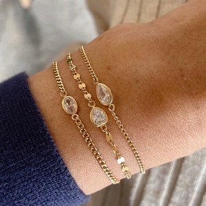 14KGF Solitaire Bracelet Oval / Tear Drop/ Heart CZ Point Bracelet, Gold Minimalist Bracelet, Cuban Curb Chain Charm Bracelet 14K Mark (B3)