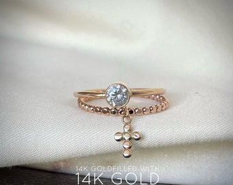 14KGF Dainty Cross Religious Ring, Gold Rosary Ring, Cross Dangle and Drop Ring, Christian Ring, Gold Ring set of Two 1/20 14K with 14K Gold
