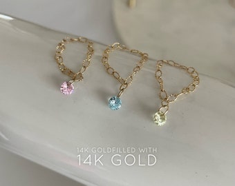 14KGF Colorful 4mm CZ drop Chain Rings Pink, Sky Blue, Lime CZ with hole 14K Goldfilled Chain Ring  with 14K Gold Dangle Chain Rings