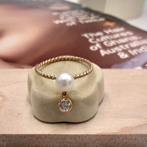 14KGF AAA+ 5.5mm Natural Pearl with Diamond cut CZ Dangle Ring 14K gold-filled ring Soldered with 14k solid gold Gift for Her Dainty Ring