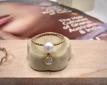 14KGF AAA+ 5.5mm Natural Pearl with Diamond cut CZ Dangle Ring 14K gold-filled ring Soldered with 14k solid gold Gift for Her Dainty Ring