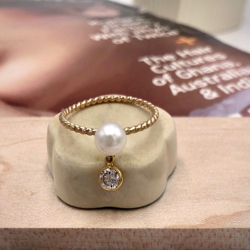Bague pendante perle naturelle 14KGF AAA+ 5,5 mm avec cz diamantée Bague pendante en or 14 carats, soudée avec de l'or massif 14 carats, cadeau pour elle, bague délicate