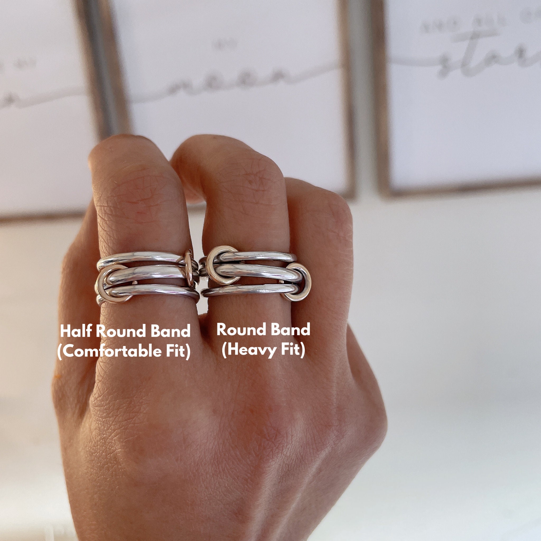 Heavy Fit Two Tone Link Connected Rings, Silver Interlocking
