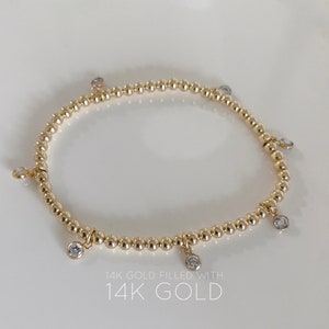 14KGF 3mm Gold Beaded Bracelet, 6 or 7 of 0.25ct Diamond CZ Dangle, Gold Bead Bracelet, Gold Filled Bead, Dangle and Drop Bracelet (B2)