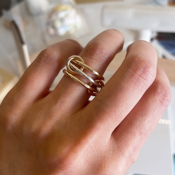 14KGF Two Tone Link Connected Rings, Interlocking Ring, Gold and Silver Statement Ring, Maximalist Stacking Ring, 1/20 14K Quality Mark(R13)