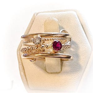 14KGF Gold Multi Stone Connected Ring, Interlocking Ring, Birthstone Bezel Ring, January Birthstone Ring, Garnet Ring, Gift for Mom (R18)