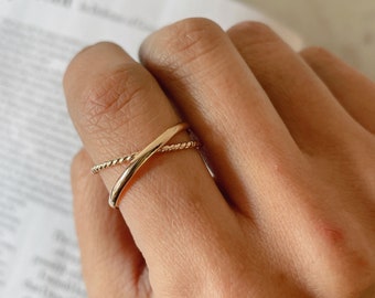 Anel de ouro 14KGF com cruz, anel de ouro, anel de ouro entrelaçado, anel giratório, anel minimalista, conjunto de anéis de ouro, 1/20 14K com ouro 14k