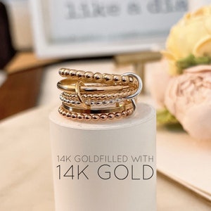 14KGF Multi Link Connected Rings, Trinity Ring, Tricolor Ring, Maximalist Stacking Ring, Ring Set 1/20 14K Quality Mark (R8)