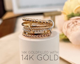14KGF Multi Link Connected Rings, Trinity Ring, Tricolor Ring, Maximalist Stacking Ring, Set of 6 Rings,Three tone Statement Ring (R8)