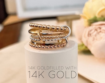 14KGF Multi Link Connected Rings, Trinity Ring, Tricolor Ring, Maximalist Stacking Ring, Set of 6 Rings,Three tone Statement Ring (R8)