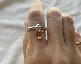 Two-Tone Connected Dangle Rings: 14KGF Gold and Sterling Silver Stacking Ring