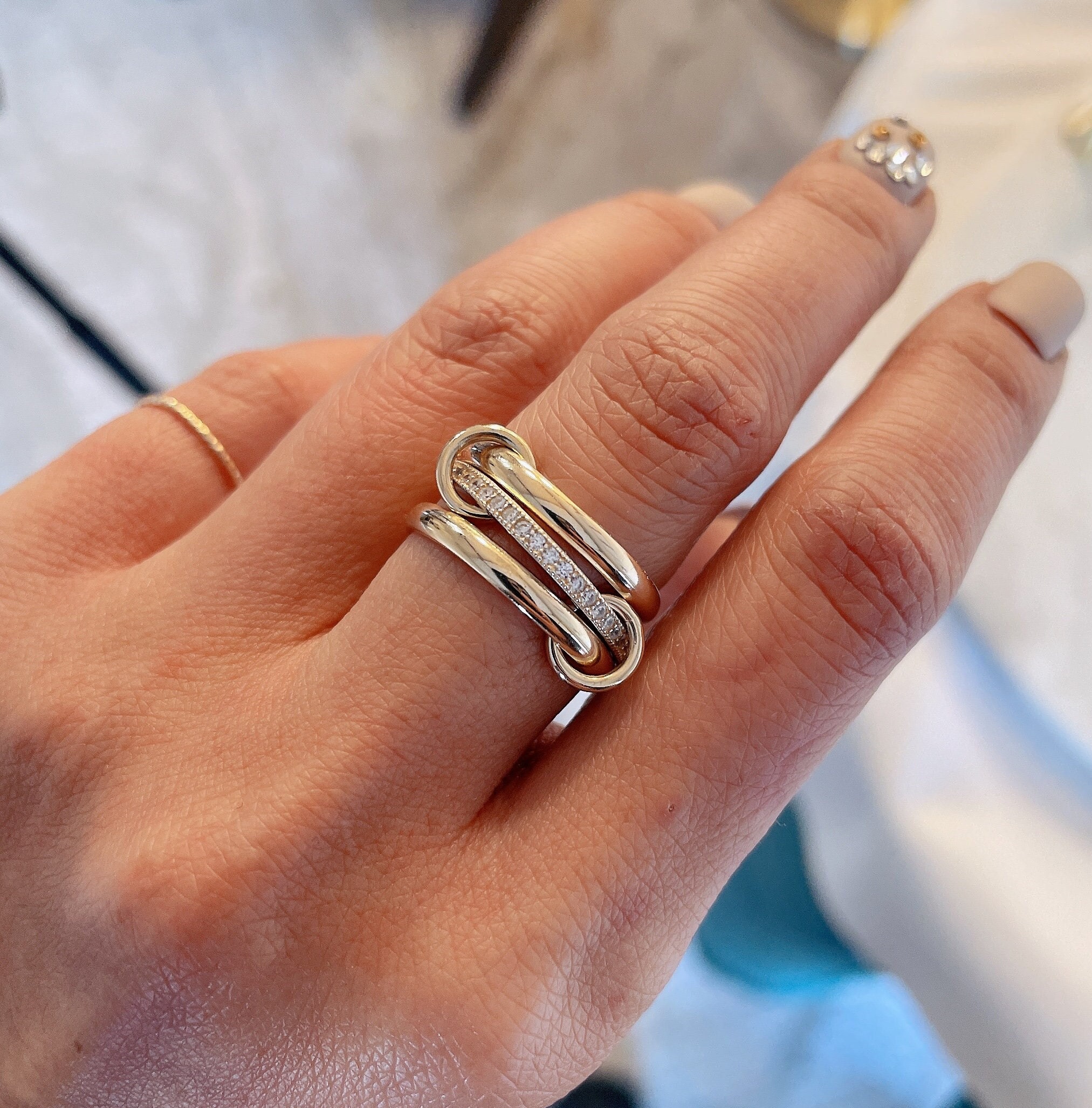 14KGF Gold Multi Link Connected Ring, Chunky Gold Ring, Gold 14KGF Gold Multi Link Connected Ring, Chunky Gold Ring, Gold