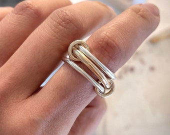 Heavy Fit Two Tone Link Connected Rings, Interlocking Ring, Gold and Silver Statement Ring, Maximalist Stacking Ring, 1/20 14K (R2)