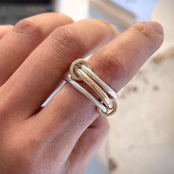 Heavy Fit Two Tone Link Connected Rings, Interlocking Ring, Gold and Silver Statement Ring, Maximalist Stacking Ring, 1/20 14K (R2)
