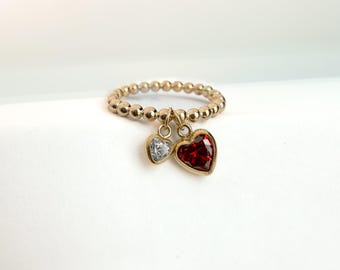 14Kゴールドフィルド ダブルハート ダイヤモンド CZ リング – 繊細なビーズバンド