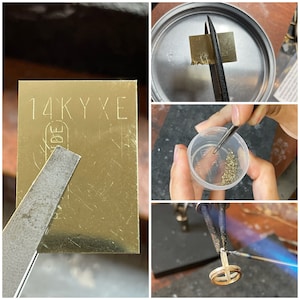 May include: A collage of images showing jewelry making. A gold metal sheet with the text "14K YXE" is being worked on with a file. Other images show small metal pieces, tweezers, and a ring being soldered.