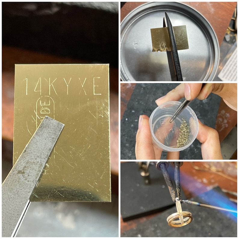 May include: A collage of images showing jewelry making. A gold metal sheet with the text "14K YXE" is being worked on with a file. Other images show small metal pieces, tweezers, and a ring being soldered.