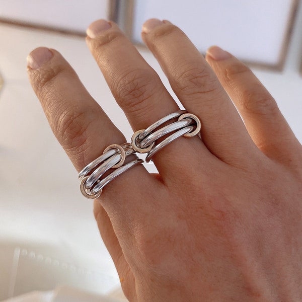 Heavy Fit Two Tone Link Connected Rings, SIlver Interlocking Ring, Gold and Silver Statement Ring, Light or Heavy Fit (R3)