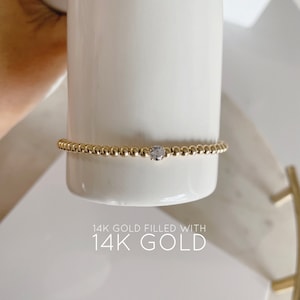 14KGF 3mm Gold Beaded Solitaire Bracelet, 0.25ct Diamond CZ Point, Gold Bead Bracelet, Gold Filled Bead Bracelet 1/20 14K