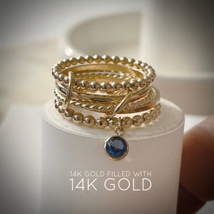 14KGF Gold Multi Link Connected Ring, Interlocking Ring, Birthstone Dangle Ring, December Birthstone Ring, Blue Zircon, Gift for Her (R21)