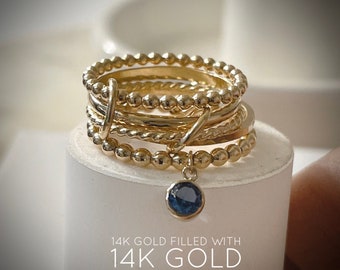 14KGF Gold Multi Link Connected Ring, Interlocking Ring, Birthstone Dangle Ring, December Birthstone Ring, Blue Zircon, Gift for Her (R21)