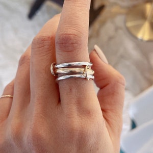 14KGF Two Tone Link Connected Rings, Interlocking Ring, Gold and Silver Statement Ring, Maximalist Stacking Ring (R2S1)