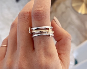 14KGF Two Tone Link Connected Rings, Interlocking Ring, Gold and Silver Statement Ring, Maximalist Stacking Ring (R2S1)