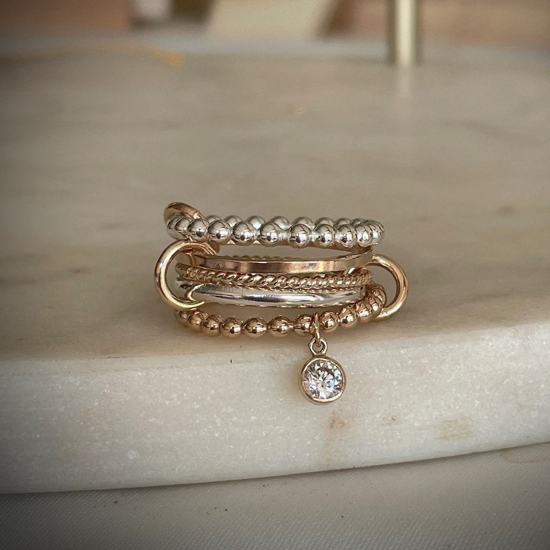 14KGF Two Tone Link Connected Rings, Interlocking Ring, Gold and Silver