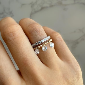 14K Gold Filled Baumeln Ring Set, Diamant CZ Floating Charm Ring, Silber Eternity Band & Gold Filled Perlenring, Stapelring Set