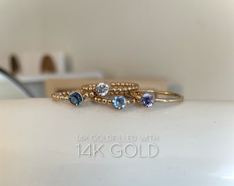 14KGF Bezel Birthstone Ring: Handmade Gold Stacking Ring