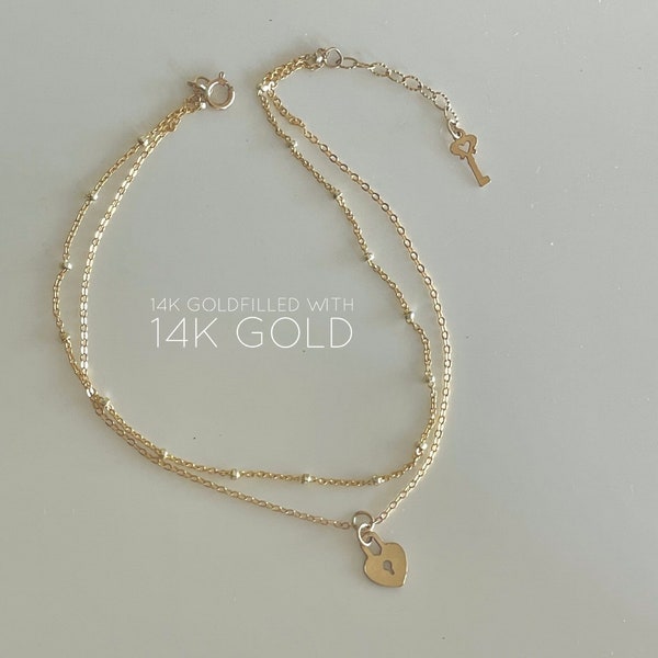 14KGF Gold Heart Lock and Key Double Stranded Anklet 14K Gold-Filled with 14K Solid Gold Dainty Anklet Gift for her