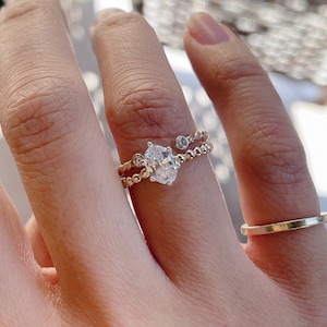 14KGF Solitaire Diamond Cut Oval CZ Ring Set, 7*5 Oval Prong Setting, 14K Gold filled Bead Band , Precious Stone Ring, 14K 1/20