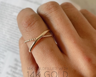 14KGF Gold Crossing Ring, Gold Statement Ring, Gold Interlocking Ring, Rolling Ring, Minimalist Ring, Gold Ring Set, 14K Golf Filled (R27)