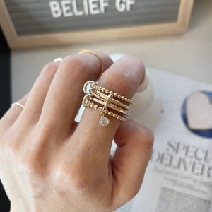 14KGF Gold Multi Link Connected Ring, Chunky Gold Ring, Gold Ring Set, Zircon Dangle Ring, Maximalist Ring, Statement Ring, Gift For her(R9)
