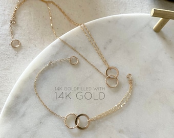14KGF Double Strand Necklace & Bracelet Set, Disc Pendant Necklace, Christmas Gift for Her, 14K Gold Filled, 1/20 14K Marked (S1)