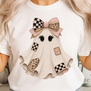 Comfort Colors® Halloween Ghost Shirt, Coquette Ghost Shirt, Pink Bow Halloween Tee, Retro Patchwork Ghost Shirt, Spooky Season T-Shirt