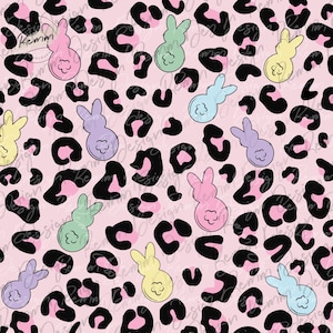 May include: A seamless pattern featuring pastel-colored Easter bunny shapes on a pink background with black leopard print spots.