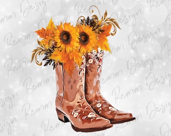 Cowgirl Boots Sunflower Clipart: Waterslide Sublimation Design (PNG JPG)