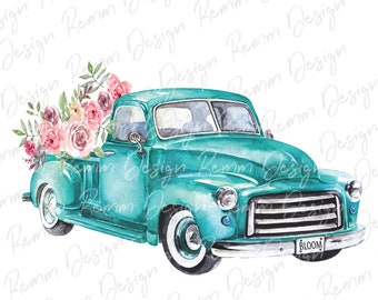 Watercolor Spring Flowers Antique Truck PNG Design (Digital Download)