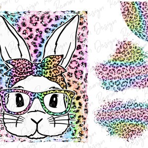 May include: A white bunny with rainbow leopard print bandana and glasses. The bunny is on a rainbow leopard print background.